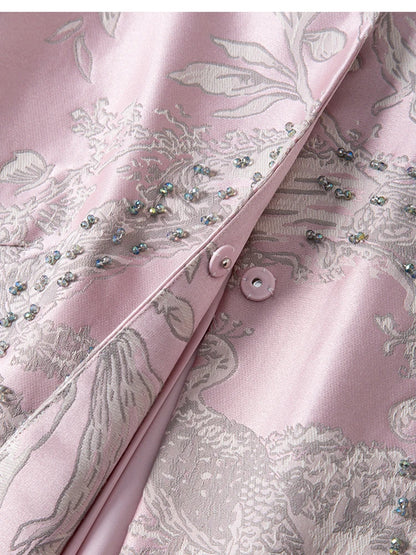 Luxury Beaded Pink Chinese Style Women's Top 2025 Loose Shoulder Embroidery Jacquard Elegant Fashion Blouse Outerwear