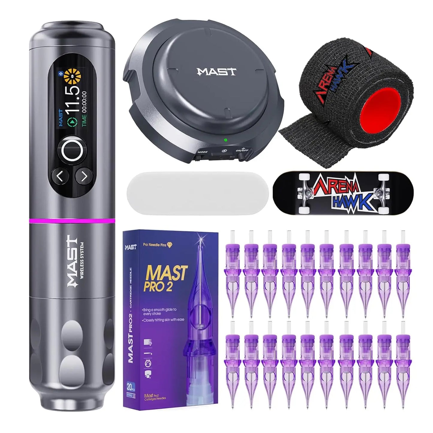 Mast Archer2 Wireless Tattoo Machine Kit 3.5mm Stroke 2100mAh Battery Brushless Motor with Mast Pro Needles Cartridges Supplies