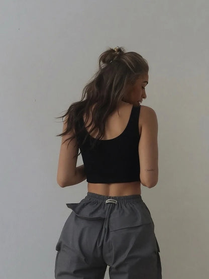 Kliou PU Leather Tank Tops Woman Low-Neck Shirring Backless Irregular Hem Skinny Stretch Hot Girls High Street Style Clothing