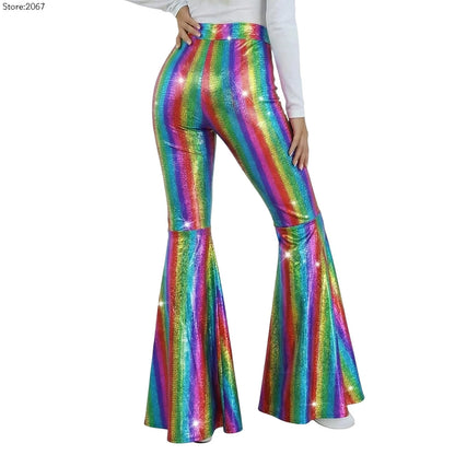 Sequin Women Flared Pants High Waist Shiny Disco Party Trousers Loose Fit Dance Club Stretchy Bell Bottom Wide Leg Trousers New