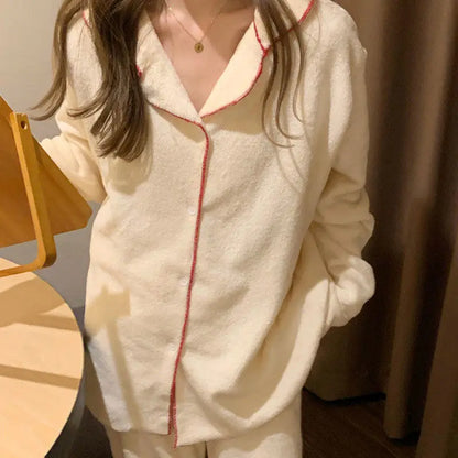 Flannel Women's Pajamas Sets Casual Autumn Winter Sleepwear Velvet Pyjama Ladies Cardigan Simple Bedroom Soft Warm Home Clothes