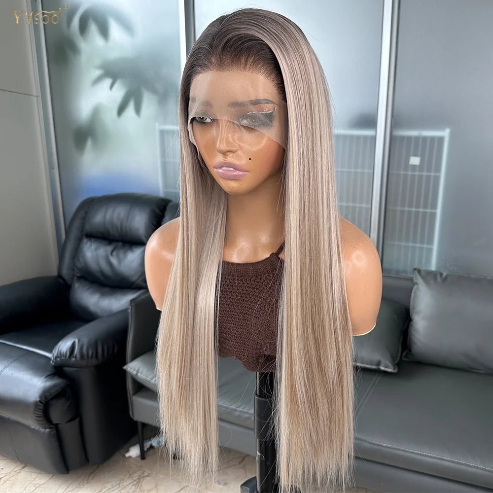Long Heat Resistant 13x6 Synthetic Lace Front Wig Japan Futura Hair Ombre Highlights Silky Straight Hair Pre Plucked Hairline