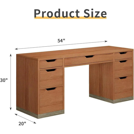 54 Inch Executive Desk with 7 Drawers, Ideal for Home Office, Study, or Bedroom, Compact for Small Spaces (Brown )