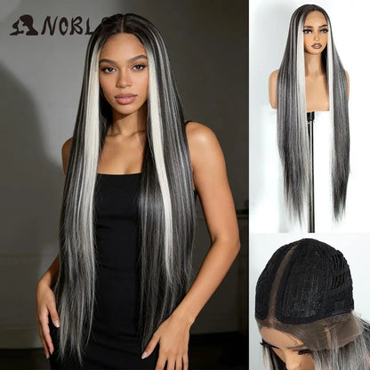 Noble 38 Inch Extra Long Straight Synthetic Lace Front Wig Skunk Stripe Grey White Ombre Glueless Heat Resistant Wig For Women