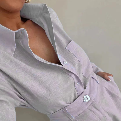 2026 New Women's Long Sleeve 2-Piece Set Casual Button Detail Shorts Outfit Shirt Top Summer Fashion Female Suit Y2k Clothing
