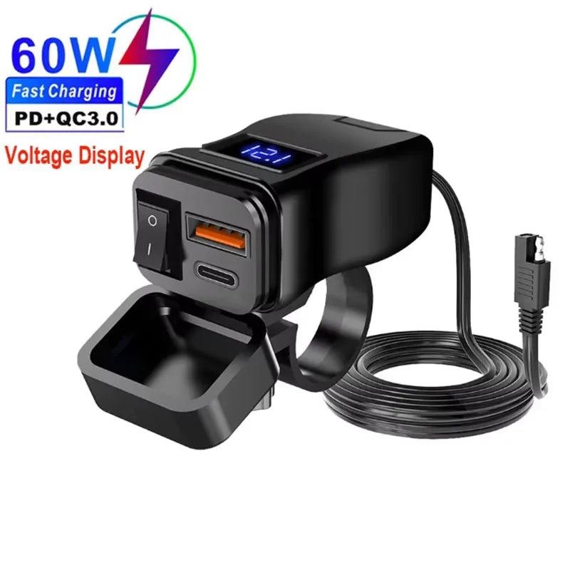PD+QC3.0 Motorcycle USB Fast Charger 60W Handlebar Dual USB Socket with Switch Voltmeter Waterproof 12V Power Supply Adapter
