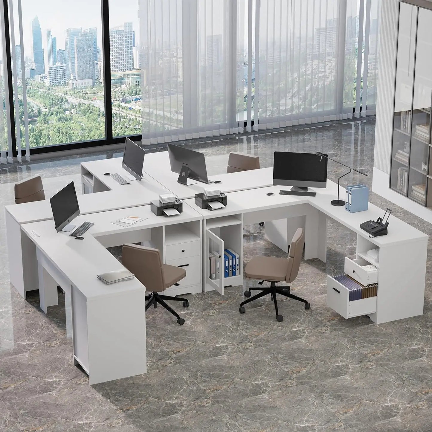 L Shaped Desk with File Cabinet, Corner Computer Desk with Storage Drawers, Large Home Office Table with Power, Customized