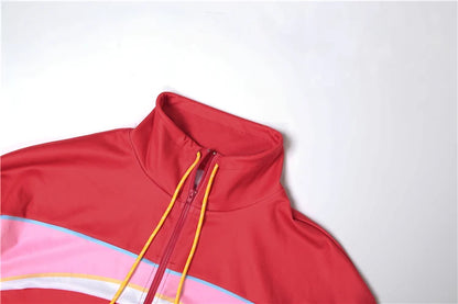 Sisterlinda Panelled Casual 2 Piece Set Hipster Sporty Sweet Zip-up High Collar Full Sleeve Coats+Elastic Waist Shorts Tracksuit