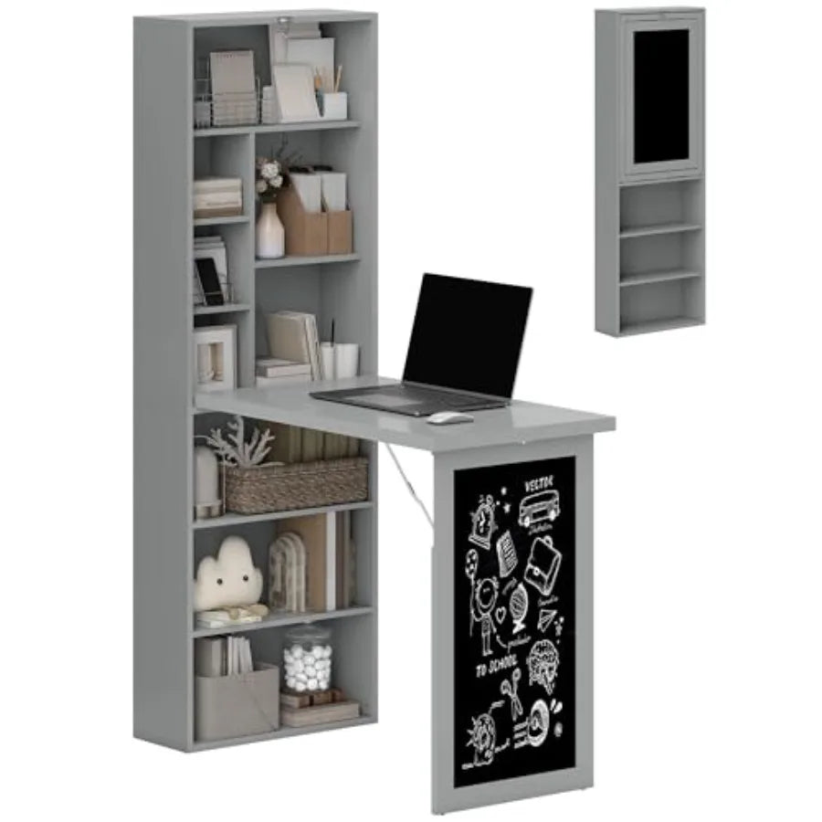 Fold-Out Convertible Writing Table Computer Desk with Blackboard and Side Shelf Multi-Function Home Office Workstation in Charc