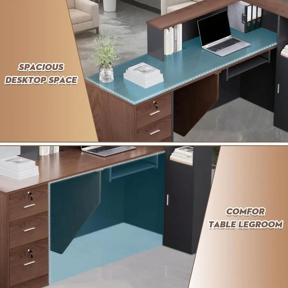 Large L-Shaped Wooden Office Desk with Storage, Counter & Shelves, Suitable for Home or Business, Brown and Black, Right-71L x 3