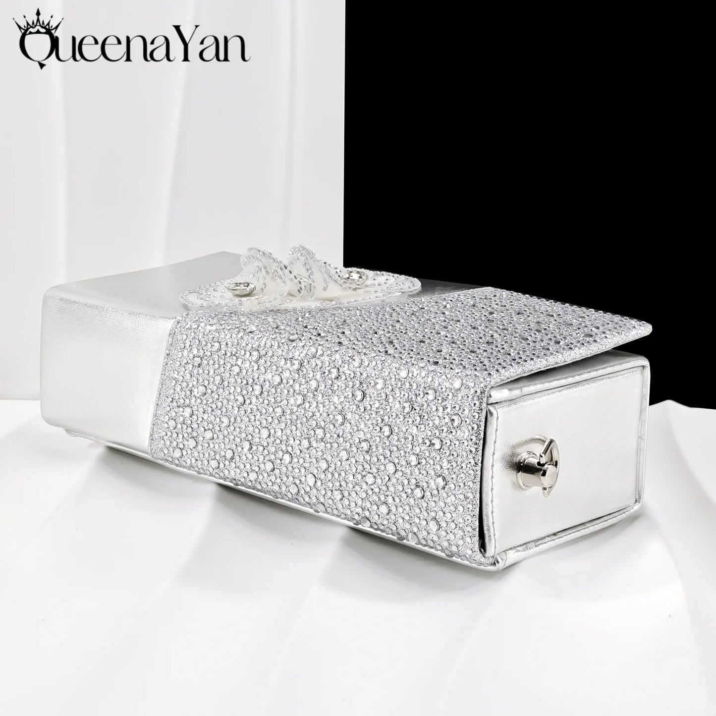 QueenaYan 2026 Elegant Silver Pointed-Toe High Heels Shoes with Diamond Accents & Matching Bag - Ideal for Party Elegance