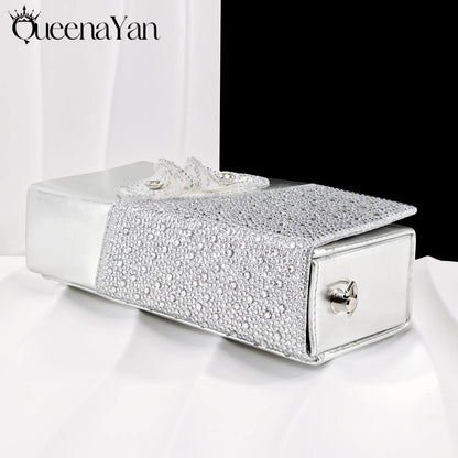 QueenaYan 2026 Elegant Silver Pointed-Toe High Heels Shoes with Diamond Accents & Matching Bag - Ideal for Party Elegance