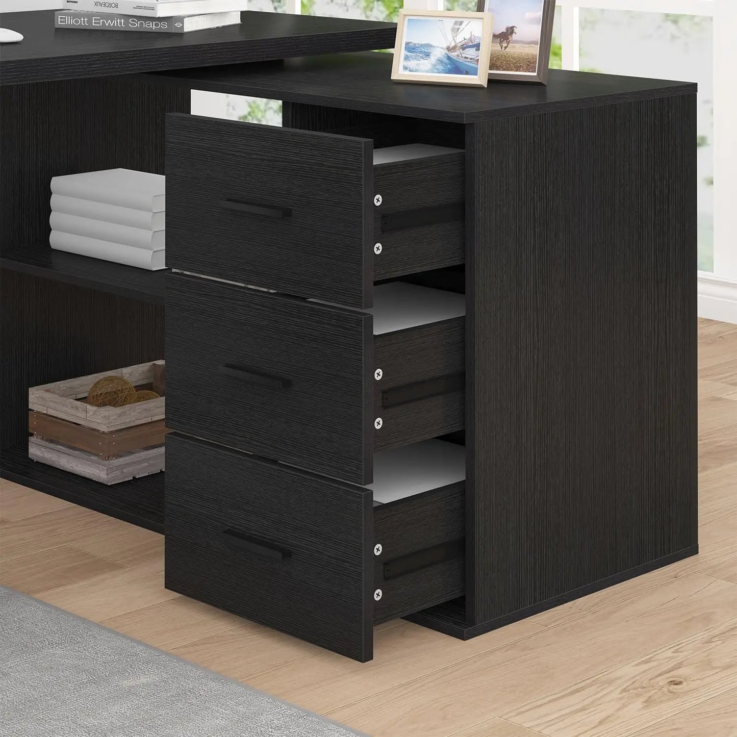 Black L Shaped Computer Desk with Drawers, L Shaped Home Office Desk with Storage Cabinet Shelves, Reversible, Customized