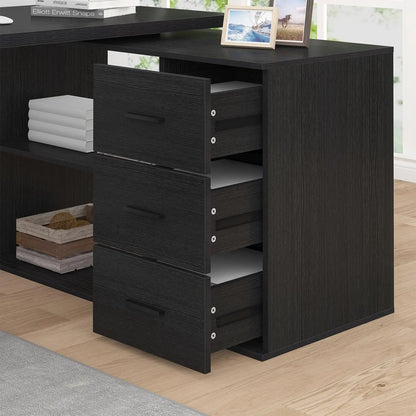 Black L Shaped Computer Desk with Drawers, L Shaped Home Office Desk with Storage Cabinet Shelves, Reversible, Customized