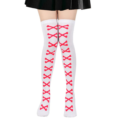 Womens Bone Thigh High Stockings Ladies Halloween Girls Black White Pink Long Over Above Knee Socks Tall Funny Cosplay Harajuku