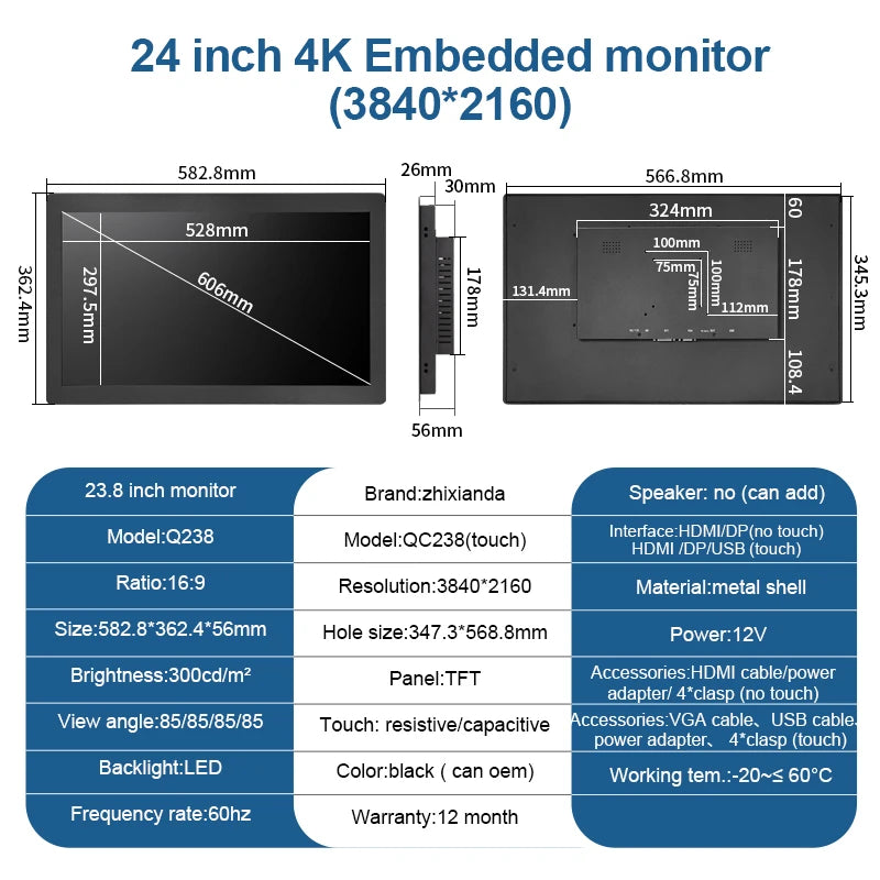 ZHIXIANDA 24 Inch 4K 3840*2160 VESA Embedded Panel Mount Industrial Touch Screen Monitor LCD Display PC HDMI DP for Equipment