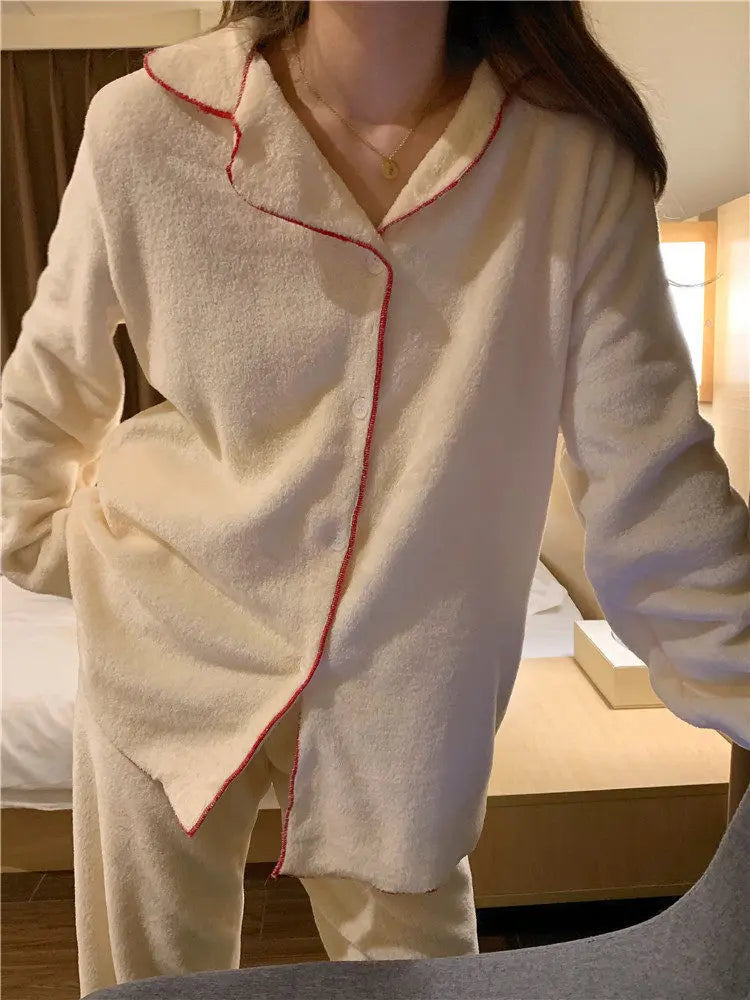 Flannel Women's Pajamas Sets Casual Autumn Winter Sleepwear Velvet Pyjama Ladies Cardigan Simple Bedroom Soft Warm Home Clothes
