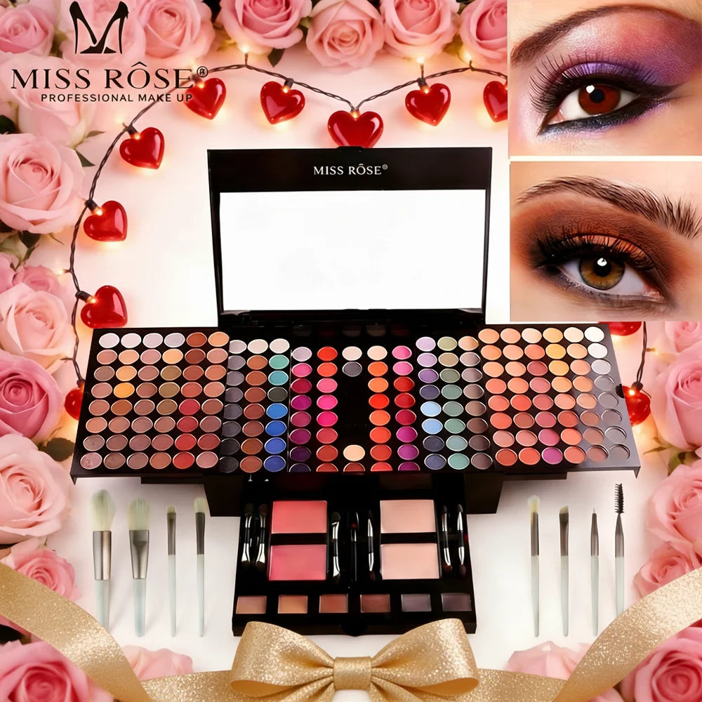 190-color professional makeup palette, eyeshadow, blush, and eyebrow powder 4-in-1, comes with mirror and a full set of brushes,