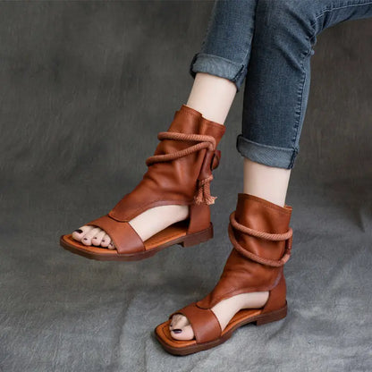 Birkuir High Top Open Toe Sandals For Women Summer Boots Luxury Hollow Out Beach Sandals Genuine Leather Flats Shoes Ladies