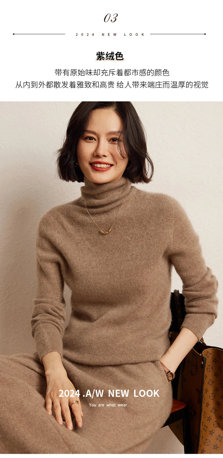 100% cashmere sweater women's knitted pullover sweater high neck solid color slim fit soft cashmere basic women's sweater