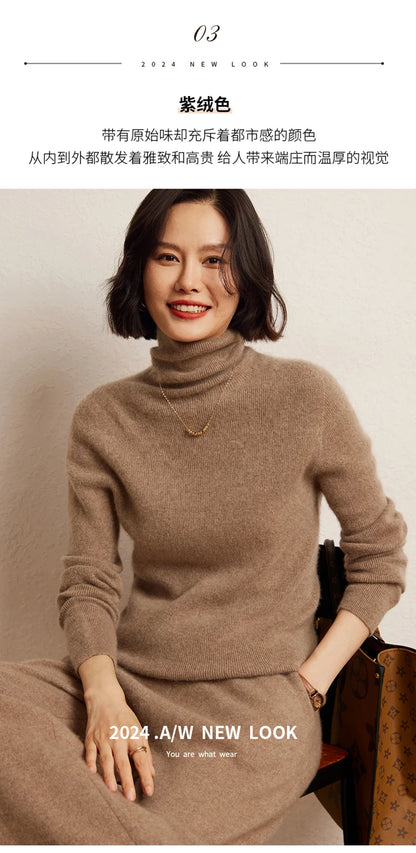 100% cashmere sweater women's knitted pullover sweater high neck solid color slim fit soft cashmere basic women's sweater