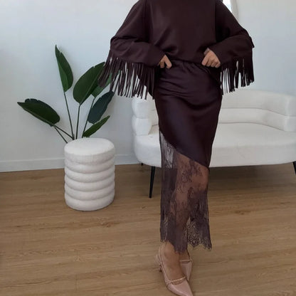 Lady Elegant Patchwork Lace Skirts Fashion High Waist Slim Hollow Out Maxi Skirts 2026 Autumn Women Brown Party Club Skirt