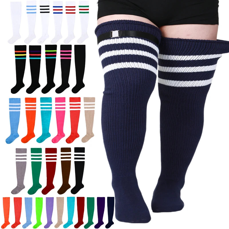 Women's Striped Plus Size Thick Thigh-High Socks Collection Big Girls Acrylic Yarn Stretch Colorful Streaks Leg Warmer Socks