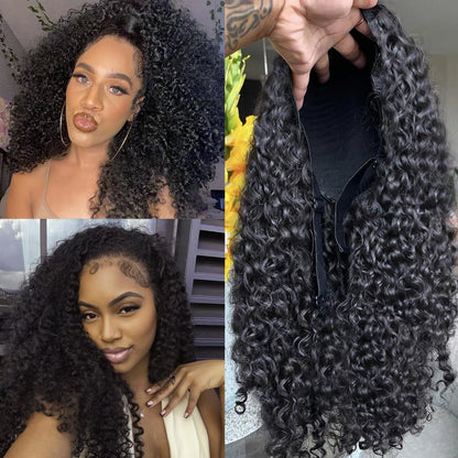 Water Wave Glueless Wigs Wear And Go 3 IN 1 Half Wigs Human Hair 200% Density Machine Made Clip-in Wigs With Drawstring Seamless