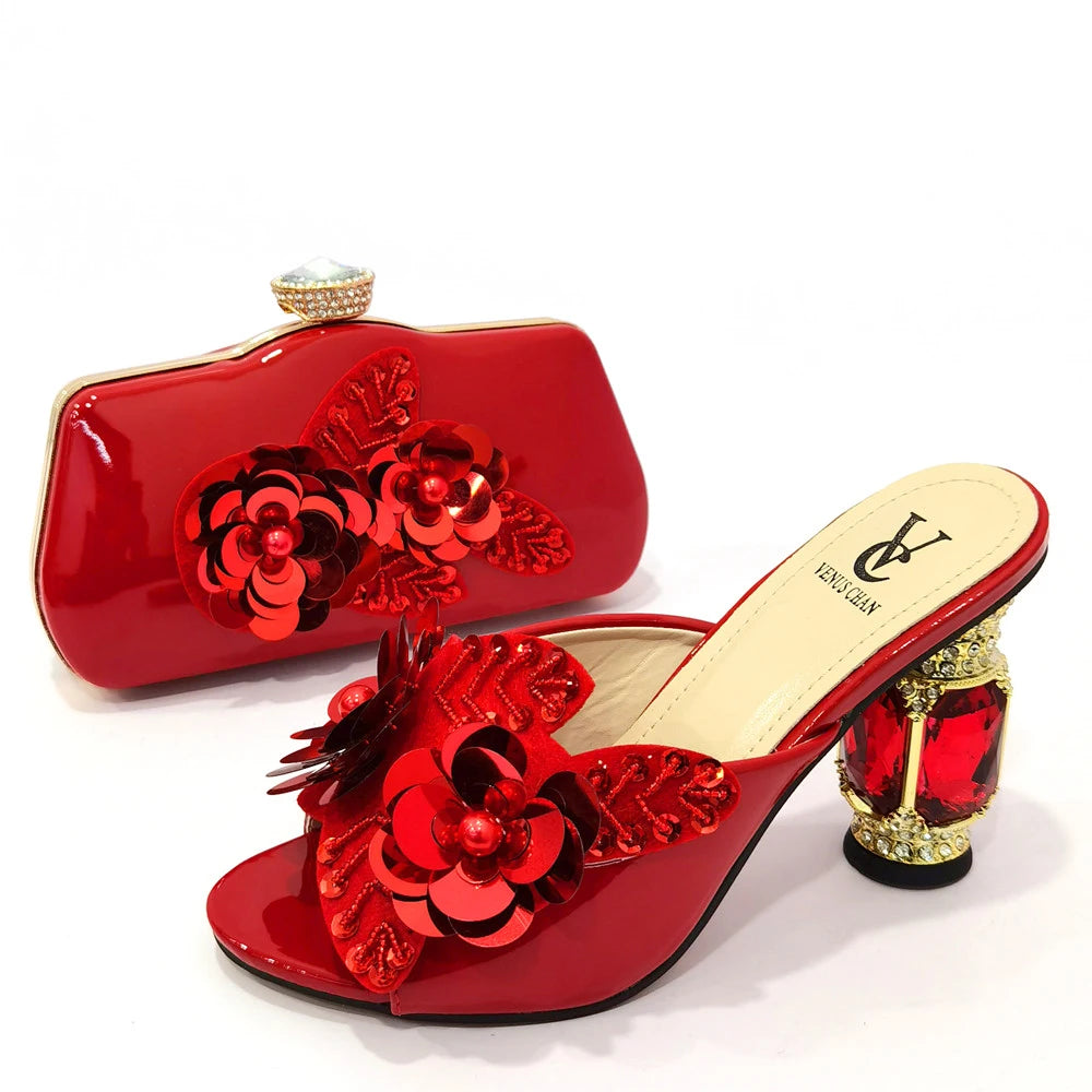 Arican New Arrival Speical Narrow Band and Cross-tied Style Italian Design Ladies Shoe and Bag Set in Gold Color for Party