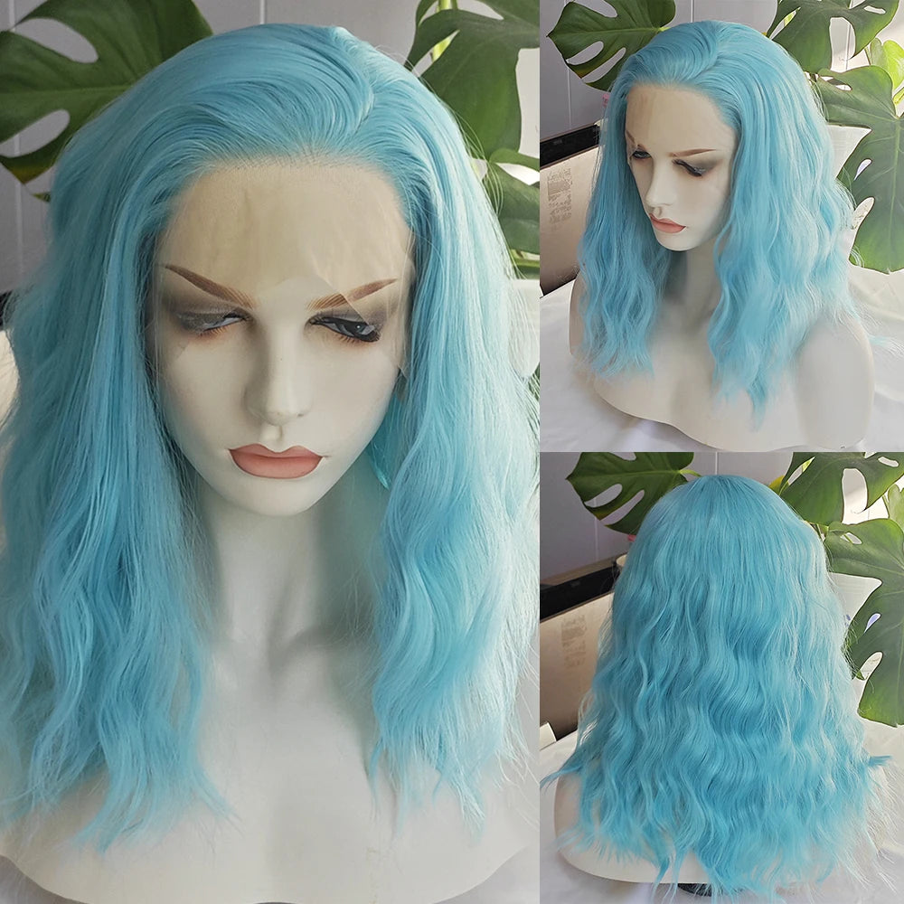 Sky Blue Wave Hair Synthetic Lace Wig Loose Wave Light Blue Hair Lace Front Wigs Women Cosplay Makrup Use Heat Fiber Blue Hair