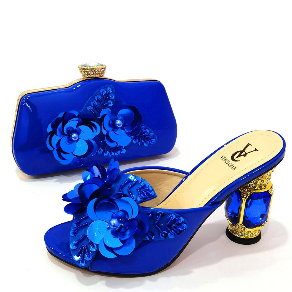 Arican New Arrival Speical Narrow Band and Cross-tied Style Italian Design Ladies Shoe and Bag Set in Gold Color for Party