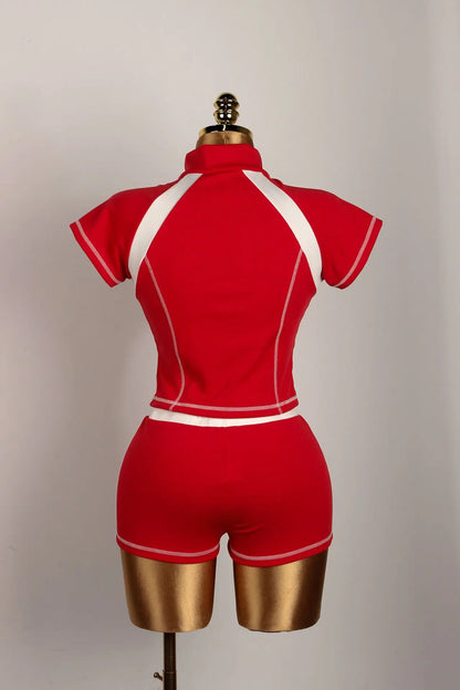 2025 Summer European and American Street Spice Girl Style Zipper Cardigan Slim Casual Sports Short-sleeved T-shirt Top Set