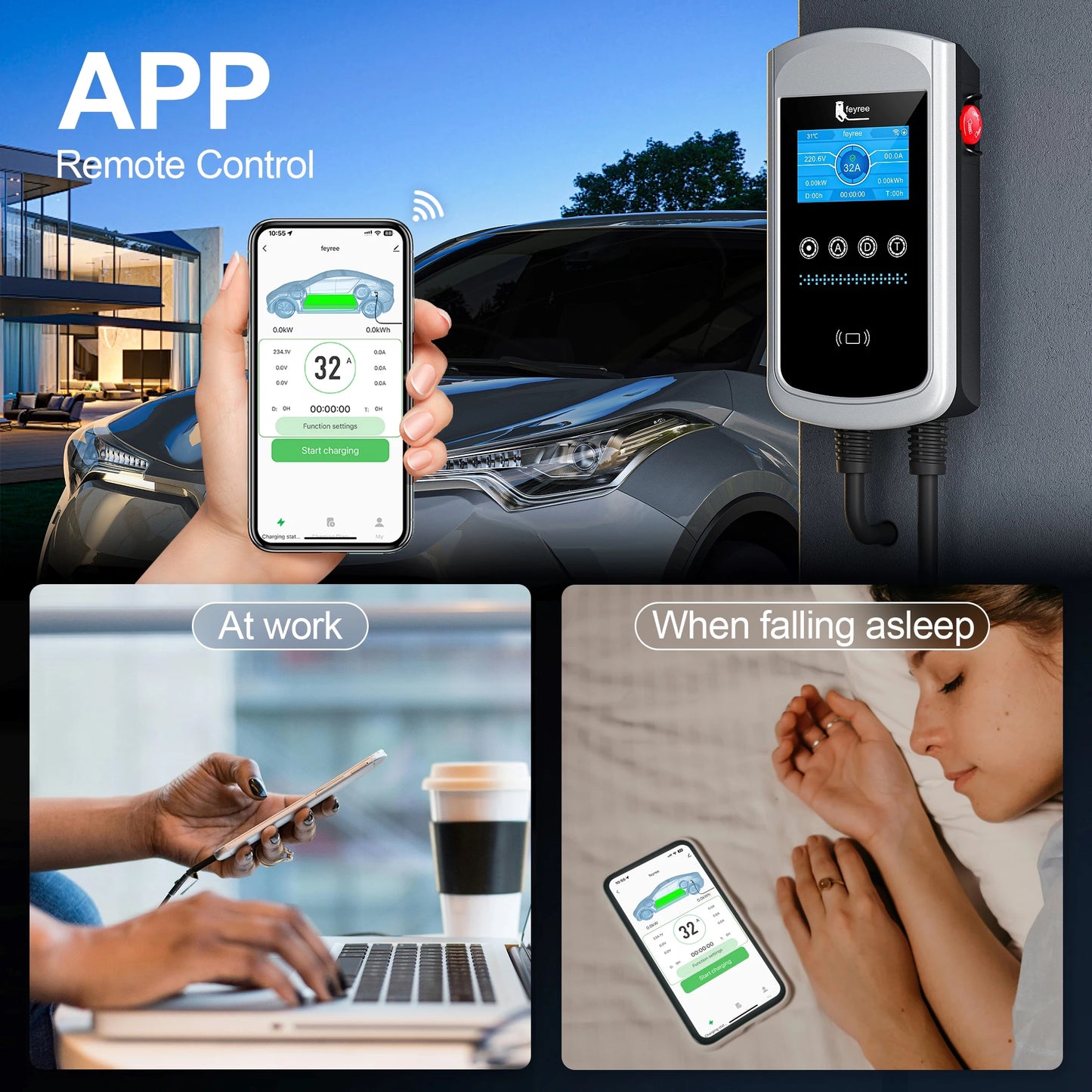 feyree Type2 EV Charger 32A 7.6KW Charging Station Car Charger 11KW 22KW 3Phase EVSE Wallbox 4.3inch Screen Smart APP Control