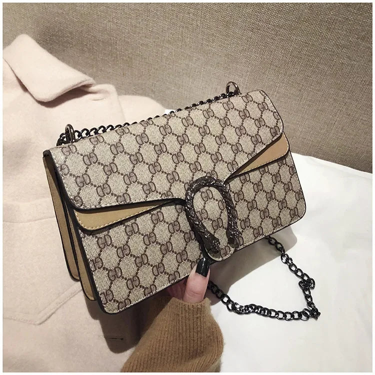 Fashionable Mini Printed Chain Women's Bag Crossbody Shoulder Bag Soft PU Leather Square Shape Bag with Phone Pocket