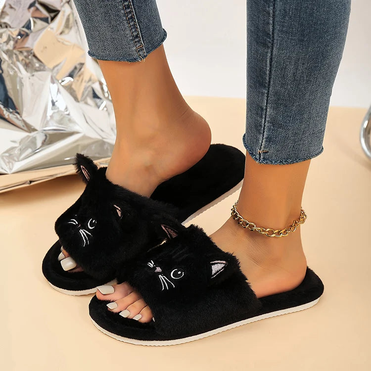 Casual Fluffy Slippers Women Home Flat Cat Cartoon Luxury Designer Shoes Girls Autumn Elegant Indoor Fashion Footwear Large Size