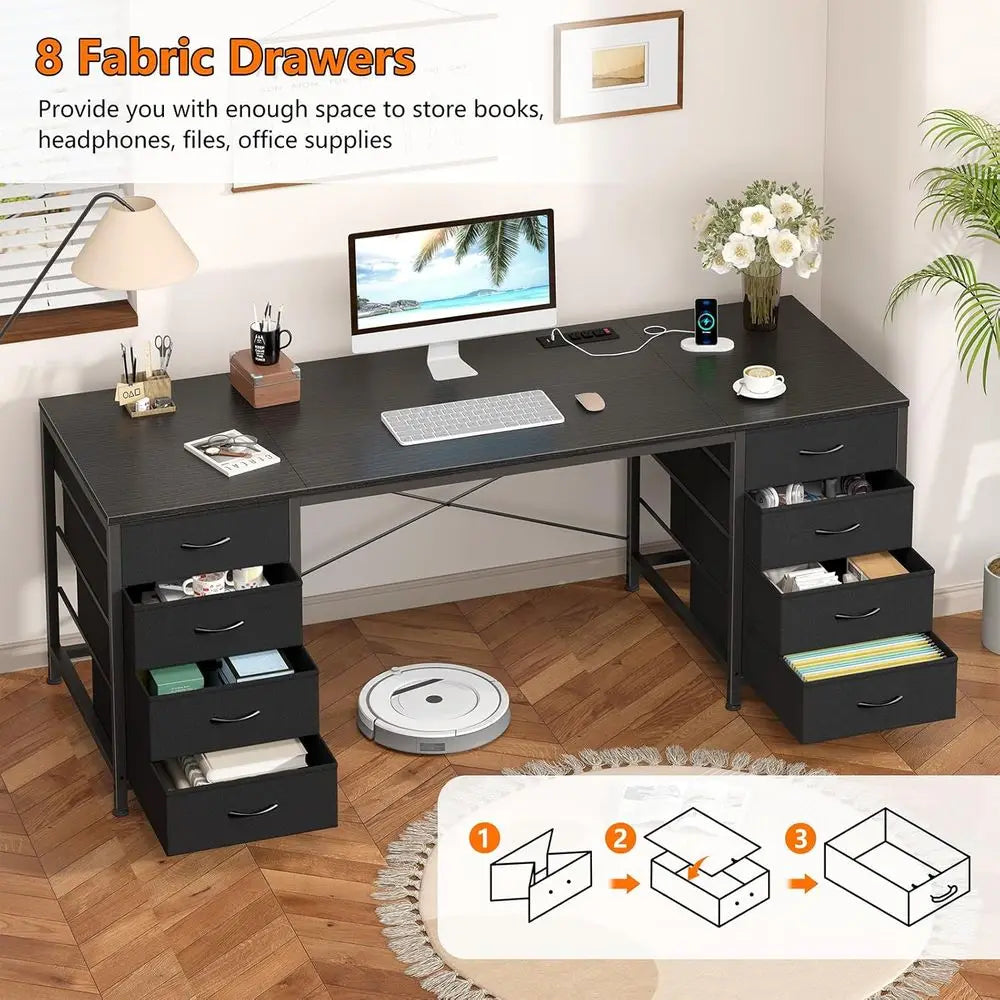 60 Inch Desk with 8 Drawers: Home Office, Study, Gaming Desk with Power Outlets, Black