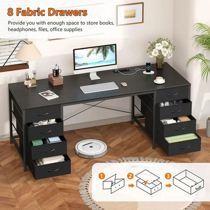 60 Inch Desk with 8 Drawers: Home Office, Study, Gaming Desk with Power Outlets, Black