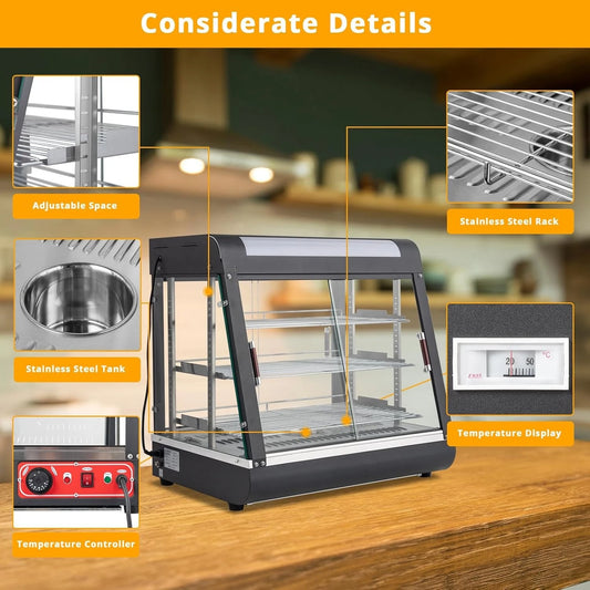 Free Delivery - 26" Commercial Food Warmer Display Pizza Warmer, 3-Tier Electric Countertop Food Warmer w/LED Lighting