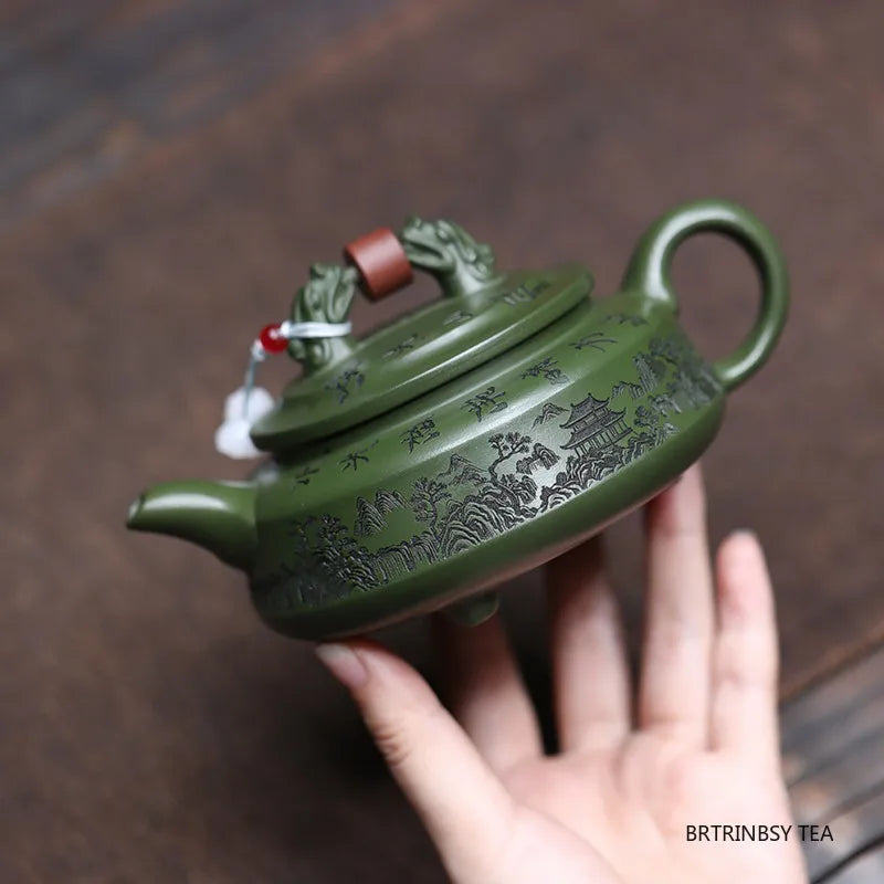 Chinese Yixing Purple Clay Teapot Raw Ore Green Mud Tea Pot Handmade Landscape Kettle Household Teaware Zisha Tea Set 260ml