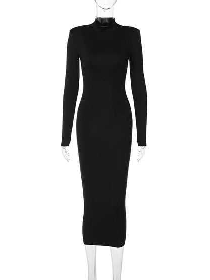 Hugcitar Women Fashion Turtleneck Long Sleeves Black Sexy Bodycon Maxi Prom Dress Fall Casual Clothes Streetwear Party Festival