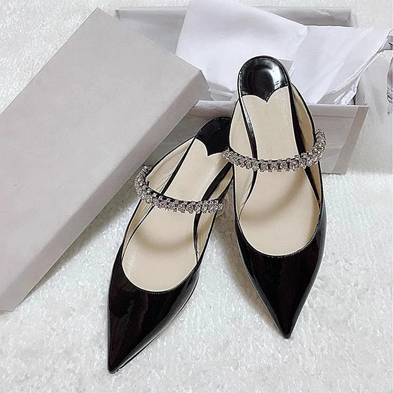 2025 New Fashionable Fine Heeled Muller Shoes with Pointed Water Diamond Chain Banquet Shallow Mouth Women's High Heel Sandals