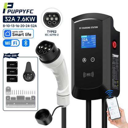 Puppyfc EV Charger 32A 7.6KW Electric Vehicle Car Charger EVSE Wallbox 11KW 22KW 3Phase Type2 5m IEC62196-2 Socket APP Control