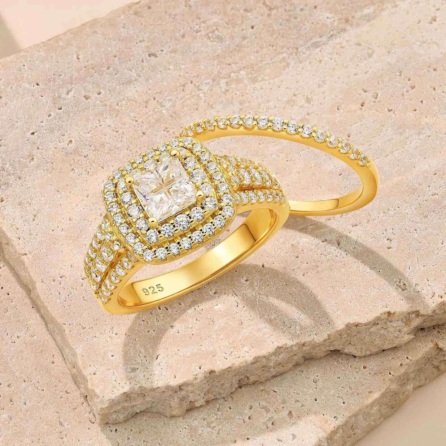 Newshe Luxury 925 Sterling Silver Halo Wedding Ring Set for Women Elegant Yellow Gold Plated Princess Simulated Diamond Rings