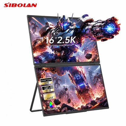 Sibolan 16 inch 2.5K Dual Screen Portable Monitor 60Hz 100% sRGB HDMI USB-C Plug Metal Body Laptop Display Extender For Wins Mac