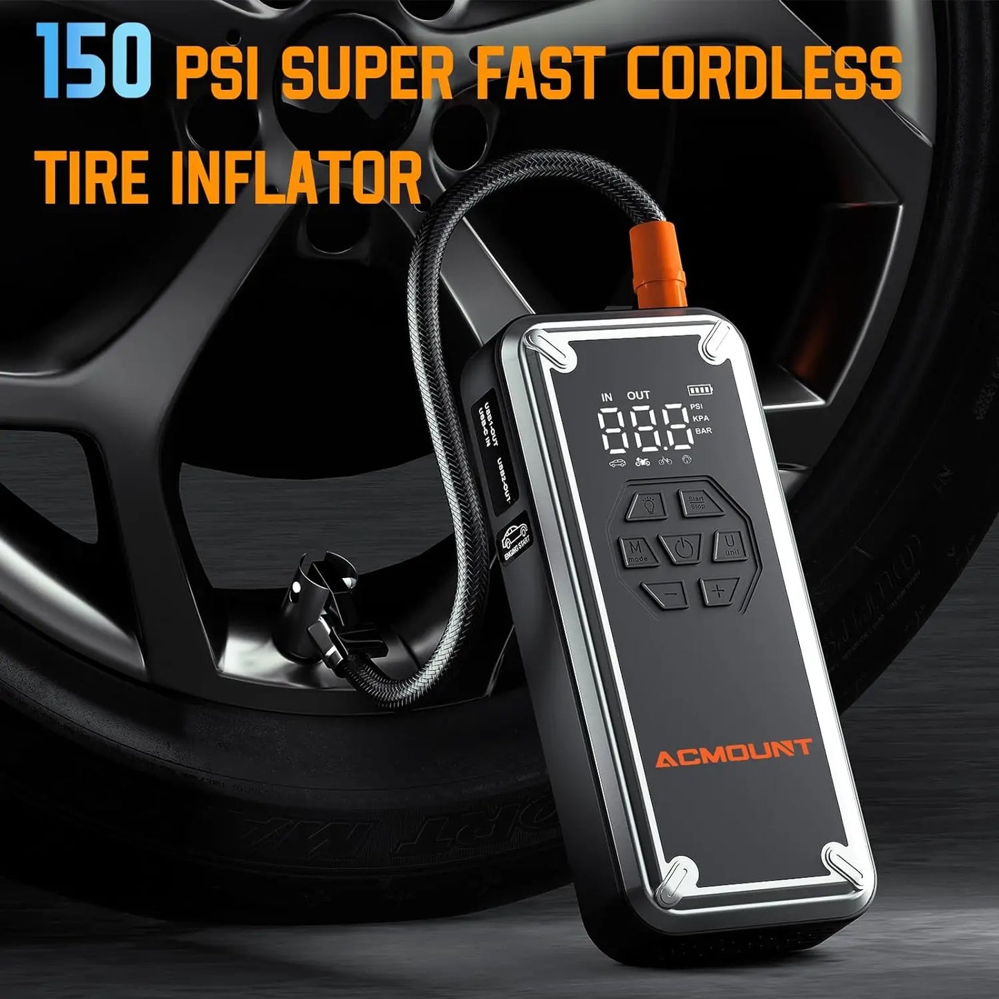 3000A Car Jump Starter with Air Compressor, 150PSI Tire Inflator,12V Battery Booster for 9.0L Gas/8.0L Diesel, LED Portable Pack
