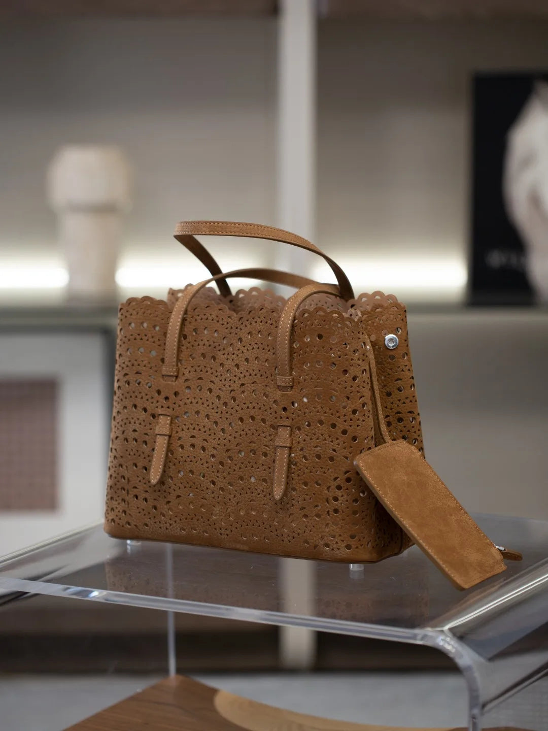 New Advanced Leather Tote Shopping Bag Wave Hollow out Basket Retro Suede Single Shoulder Slant Cross Mother Baby Bag