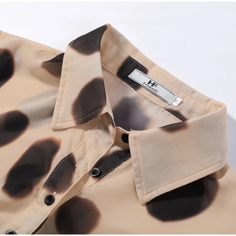 2026 Women Chic Vacation Outfits Fashion Leopard Print Sheer Chiffon Shirt Casual Turn-down Collar Mini Dress & Detachable Scarf