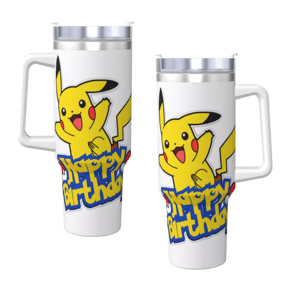 Stainless Steel Tumbler Pikachu Happy Birthday Thermal Mug Insulated Cold Drink Mugs Cup Beach Design Water Bottle