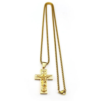 Stainless Steel Cross Jesus Pendant Necklace for Women Men Gold Color Chain Religious Crucifix Necklaces Amulet Jewelry Gift