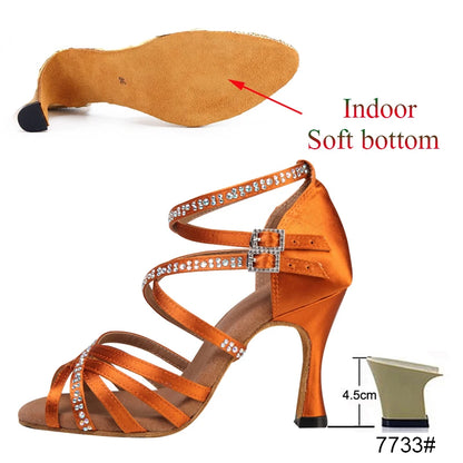New Latin Dance Shoes Salsa Tango Ballroom Party Women's Shoes High Heeled Rhinestones Bronze Blue Girls Summer Sandals Outdoor